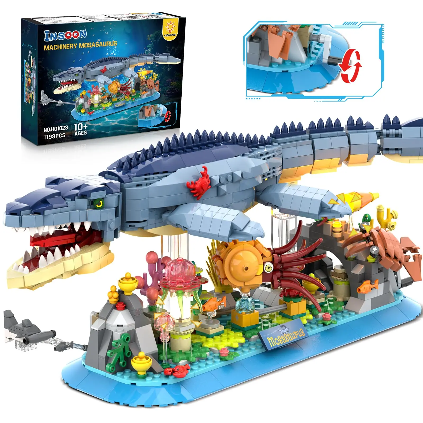 Insoon Mosasaurus Building Set with LED Light, 1219 PCS Movable Ancient Reptile Block Toy, Includes Nautiluses, Jellyfish, Squid & Coral Reef, Home Decor Gift for Adults Teens 12+ Oceananimal Modelkit