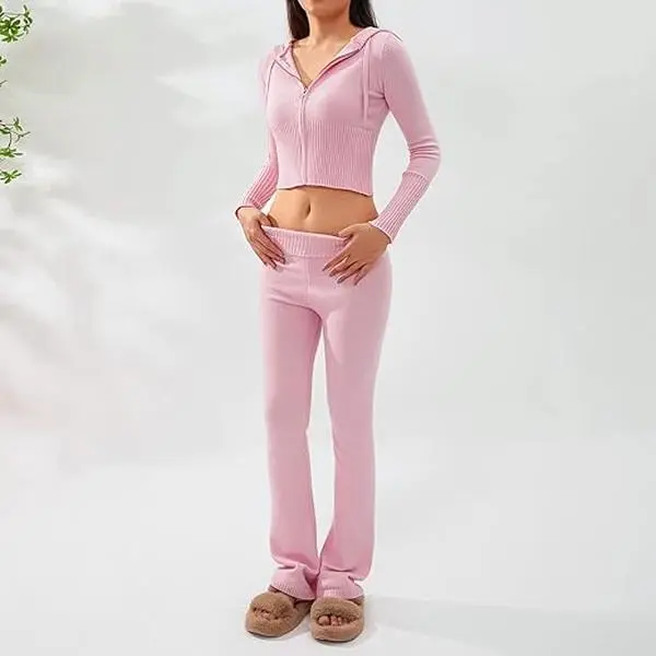 Soft Ribbed Zip Up Cropped Casual Sweater and Flare Legging Set Top Womenswear
