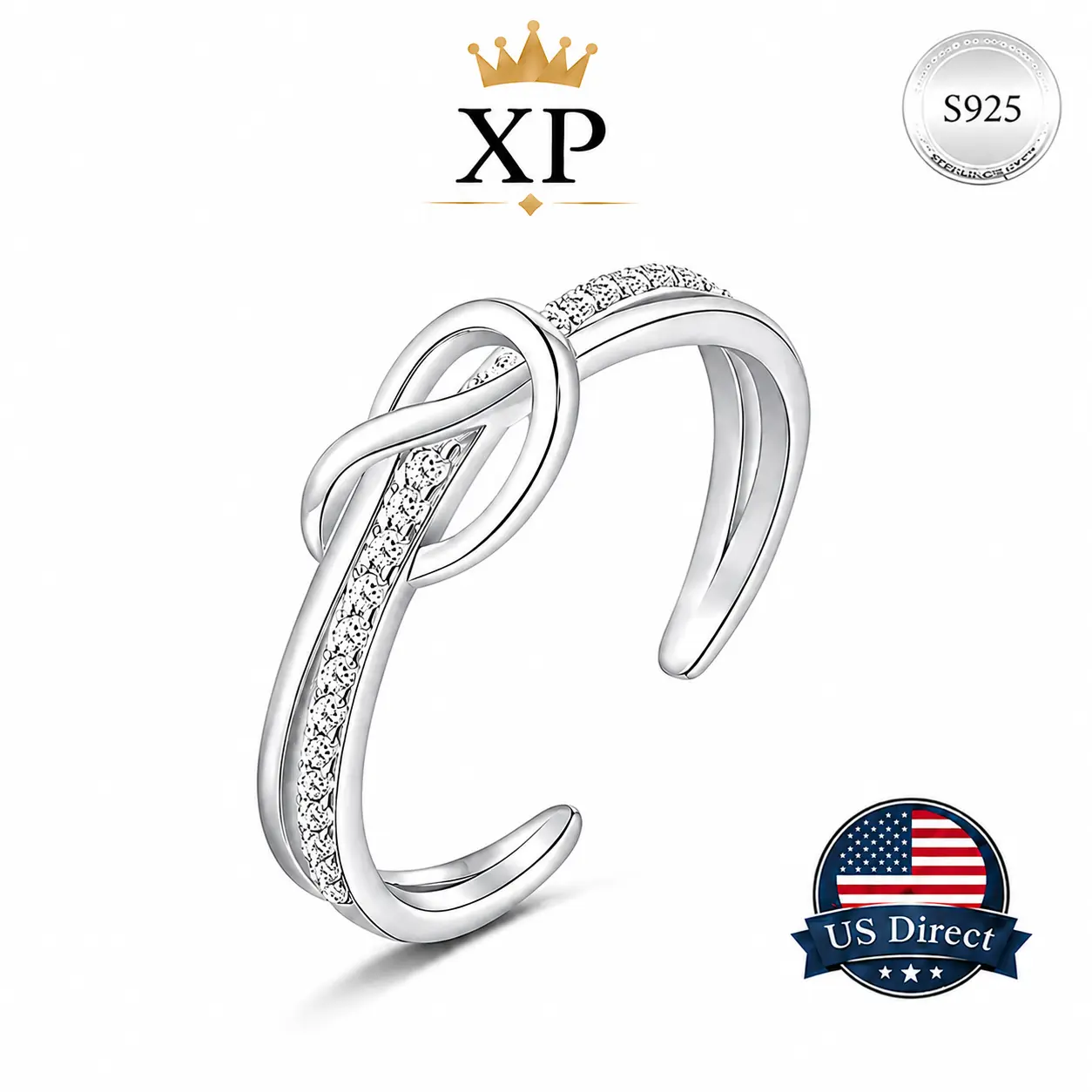 S925 Sterling Silver Open Cuff Ring for Women, Cubic Zirconia Twisted Knot Adjustable Ring, Minimalist Stackable Jewelry for Wedding Party Gift