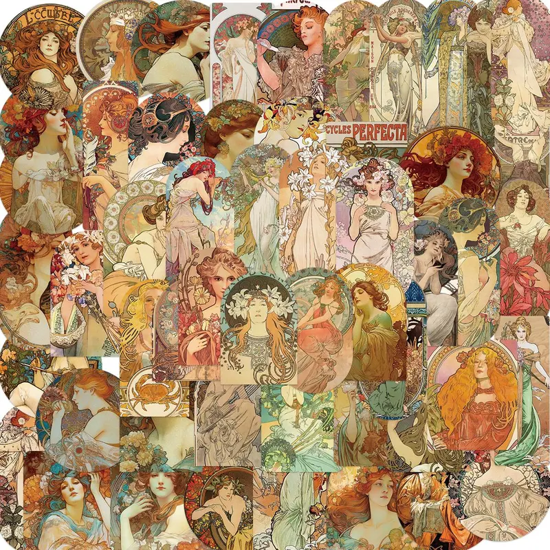 Vintage Art Nouveau Style Sticker, 60pcs/set Sticker Packs Retro Classic Middle Ages Song Cartoon Funny Adhesive Stickers, DIY Decorative Durable Sticker for Laptop, Phone, Luggage