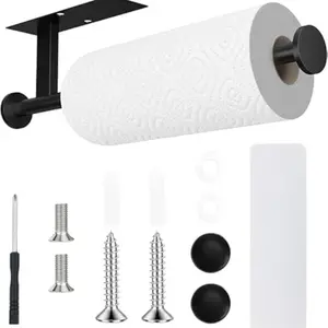 Paper Towel Holder Wall Mount - Self Adhesive No Drill or Drilling, SUS304 Stainless Steel - Kitchen, Bathroom Accessory, Sink, Pantry, Fridge(Black)