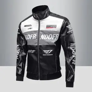 Men's American Street Racing Style Printed Stand Collar PU Leather Jacket Zipper Coat Spring Autumn Trendy Motorcycle Brand Outerwear Menswear Stylish