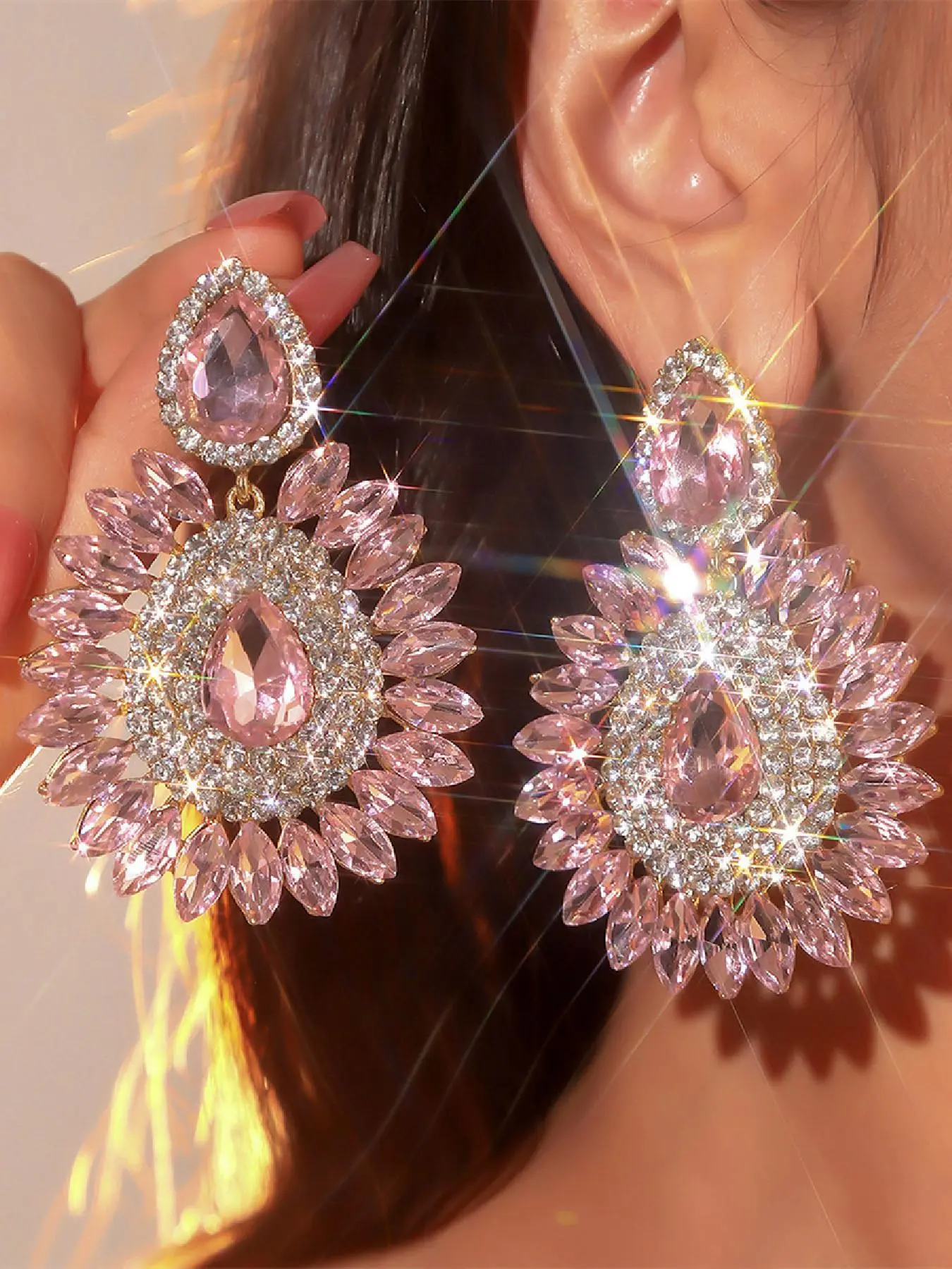 Water Drop Shaped Rhinestone Decor Dangle Earrings, Shining Earrings, Fashion Flower Design Jewelry for Party, Daily Clothing Decor, Trendy All-match & Exquisite Jewelry for Birthday Gift, Crystal Earrings