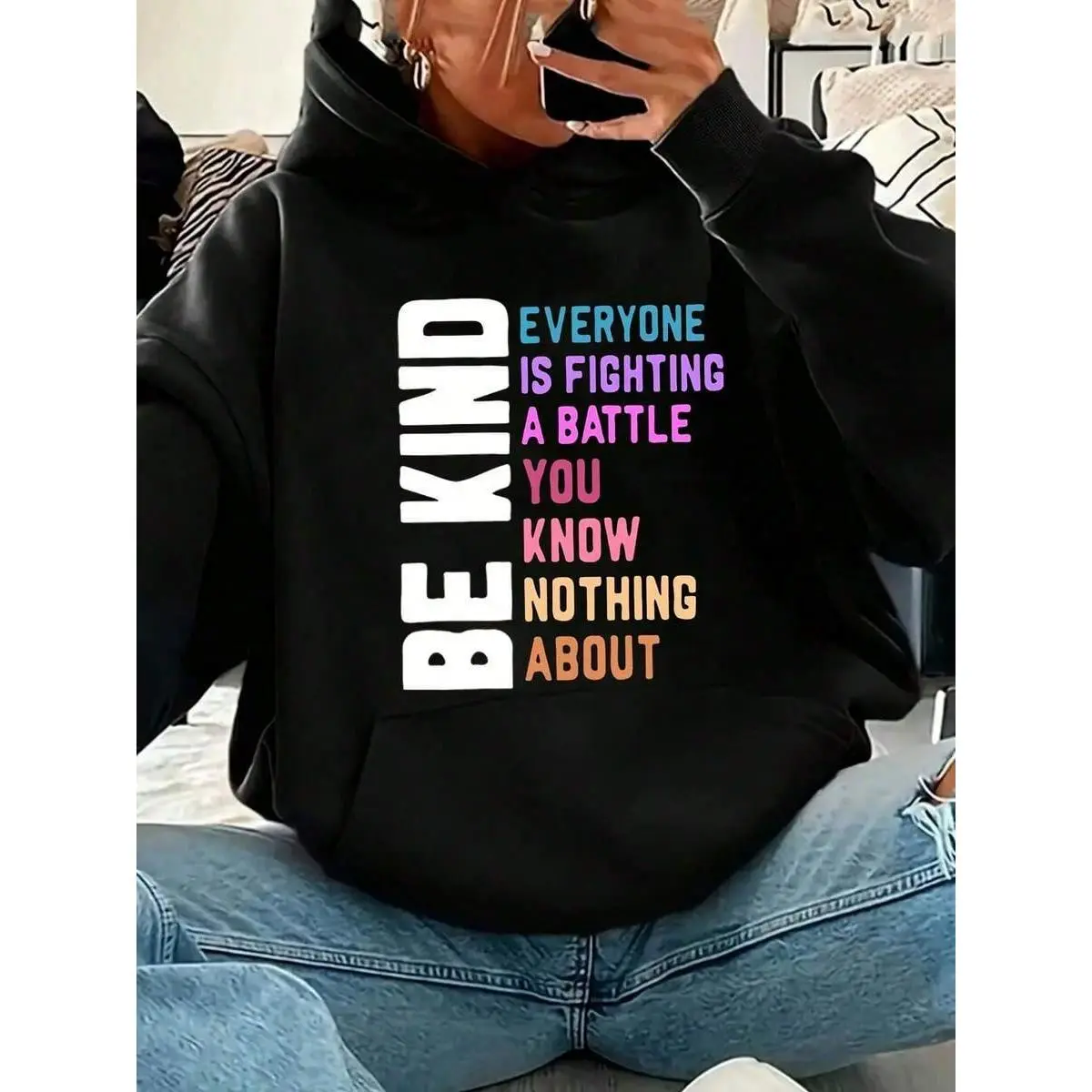 Women's Light Purple Letter Print Hoodie - Be Kind Inspirational Design Cozy Fleece Long Sleeve Sweatshirt Casual Fall Winter Wear Machine Washable Polyester Inspirational Apparel Relaxed 100% Comfortable Cotton Pattern T-Shirt