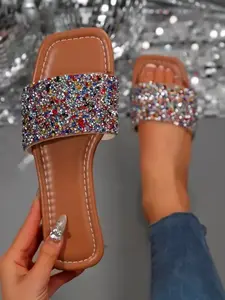Women's Rhinestone Slip-On Sandals, Anti-Slip Soft Sole, Square Toe Flat Design, Casual Summer Shoes for Dating & Vacation