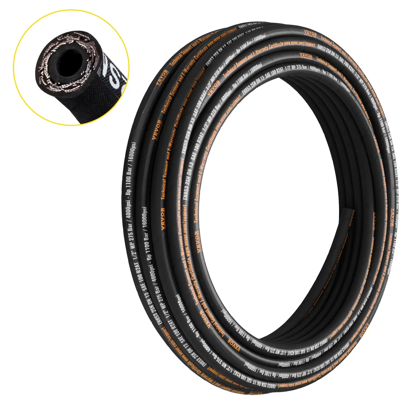 VEVOR Hydraulic Hose 1/2 inch x 100 ft, Coiled Hydraulic Hose 4000 PSI, Rubber Hydraulic Hose with 2 High-Tensile Steel Wire Braid, Bulk Hydraulic Hose -20 ℃   to 140 ℃ , Hydraulic Oil Flexible Hose