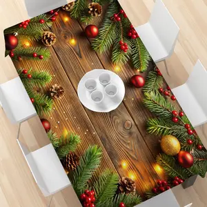 1pc Christmas Premium Tablecloth with Pine Cones and Red Berries Design, 100% Polyester, Machine Woven Rectangular Overlay Table Cover for Holiday Dinner Party Decor