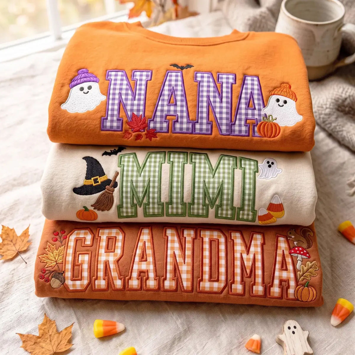 [Made in US] Personalized Embroidered Family Sweatshirt, Custom Grandma Crewneck, Multi Color Applique Embroidery Sweatshirt, Floral Gingham Patch Letter Sweatshirt, Grandma Gift for Mother's Day, Nana Mimi Gift