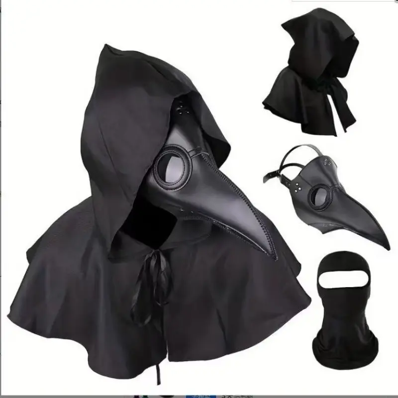 3-Piece Medieval Plague Doctor Bird Beak Cool Mask Set, Cloak Face Cover Halloween Costume, Cosplay Medical Uniform for Parties, Medieval Masks