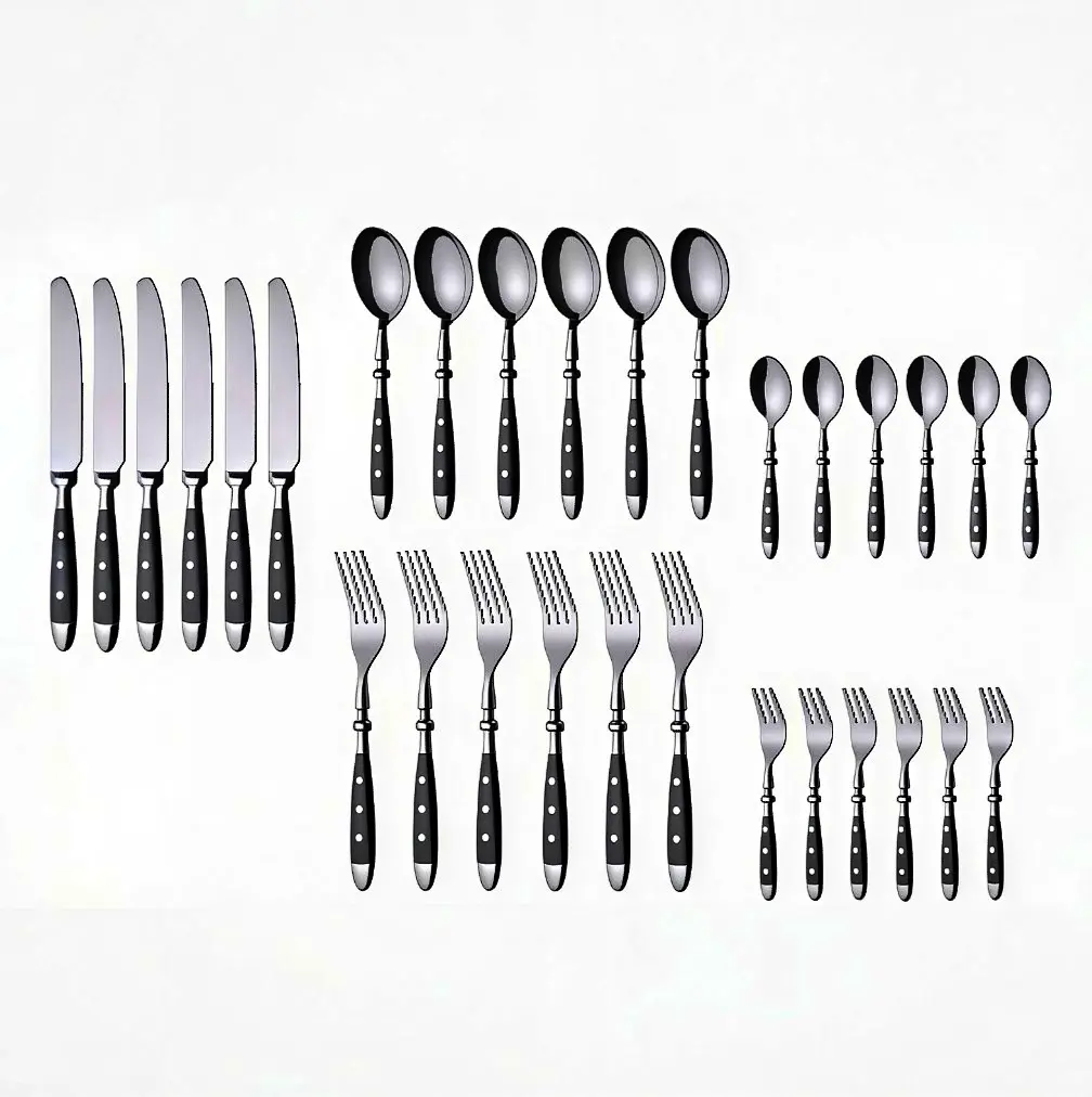 30-Pcs Cutlery Set Forged Type with Black Handles and Rivets Tableware Kitchenware Set