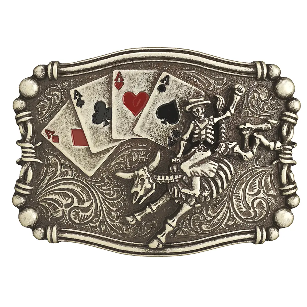 3700018 Nocona Men's Western Belt Buckle - Rectangle Skeleton Bull Rider Aces