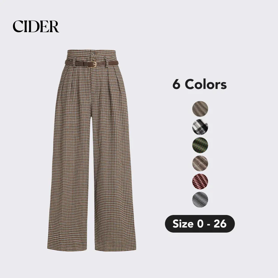Houndstooth High Waist Belted Wide Leg Trousers Casual Pants Houndstooth High Waist Belted Wide Leg Trousers Casual Pants