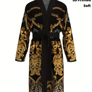 New men's noble home bathrobes for autumn and winter, 3D printed full-print technology, skin-friendly and silky bathrobes for spring and summer, thin ice silk long pajamas Loungewear