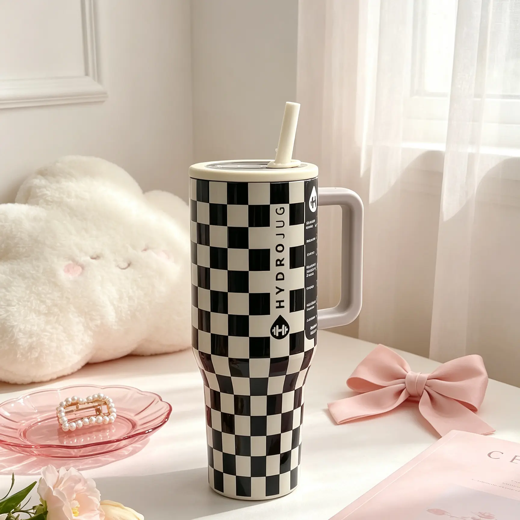 HydroJug Traveler 40oz Stainless Steel Vacuum Insulated Flask - Black White Checkerboard, Stylish, Leakproof, With Handle & Straw, Versatile Use Car Drinkware For Gym Travel Gift