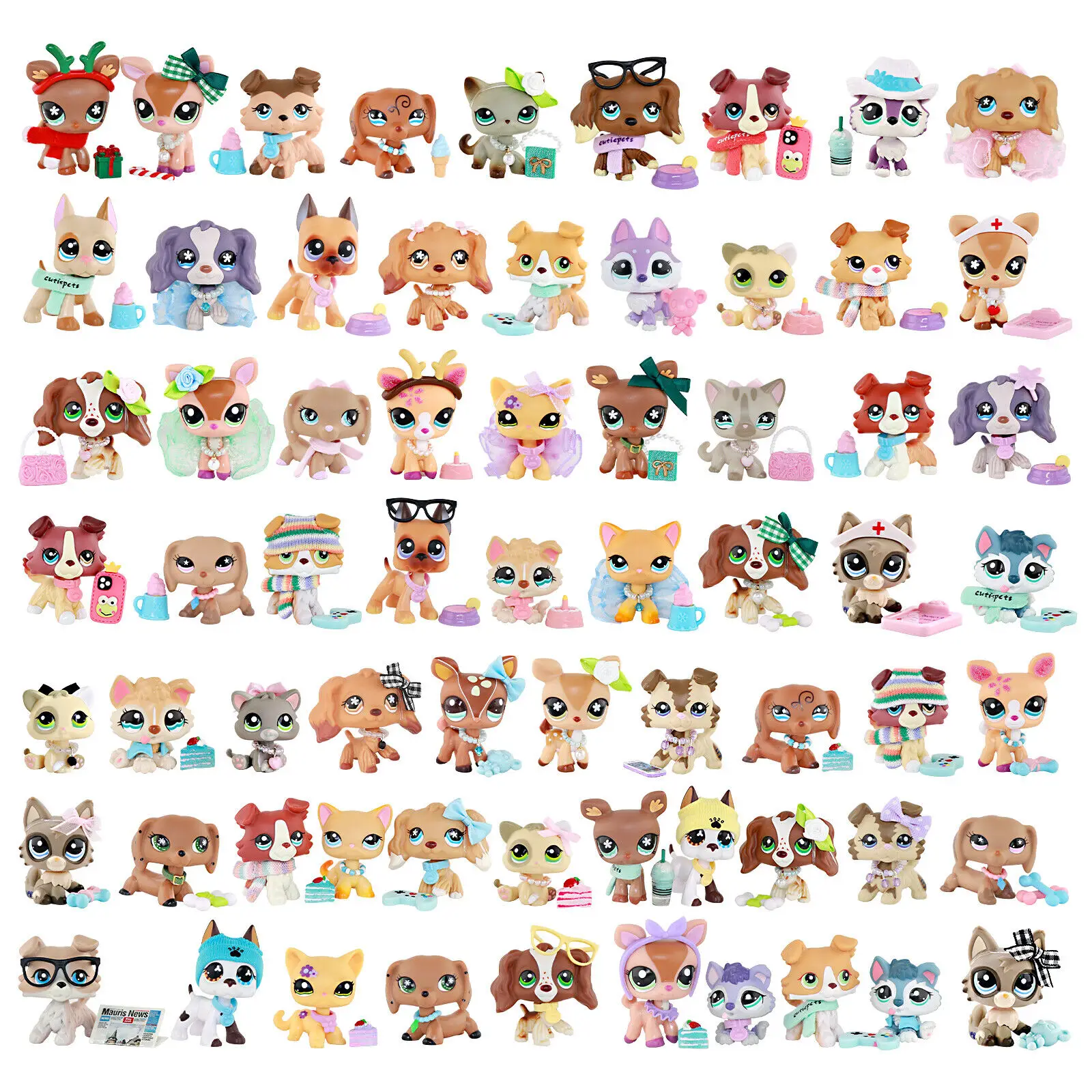 5 pc random miniature cat and dog figures and random 7 pc accessories for lps collection