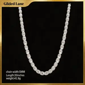 925  Silver Clasp Rope Chain 5mm Necklace for Men Women silver plated Link Chain for Men Women 20-24 Inches, Durable Mens Silver Chain, Hypoallergenic Nickel-Free Silver Necklace, Waterproof, Lobster Clasp, Gift Ready