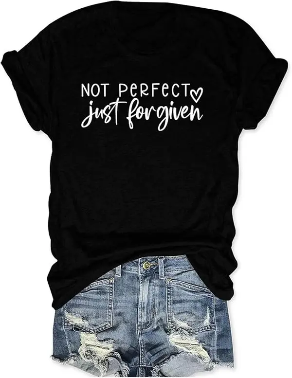 Men's Christian Short-Sleeve Round Neck Graphic T-Shirt Top - Ultra-Soft Cotton Casual Tee, "Not Perfect Just Forgiven" Heart Print, Easter-Good Friday Faith Gift, Shortsleeve, Classic, All Seasons