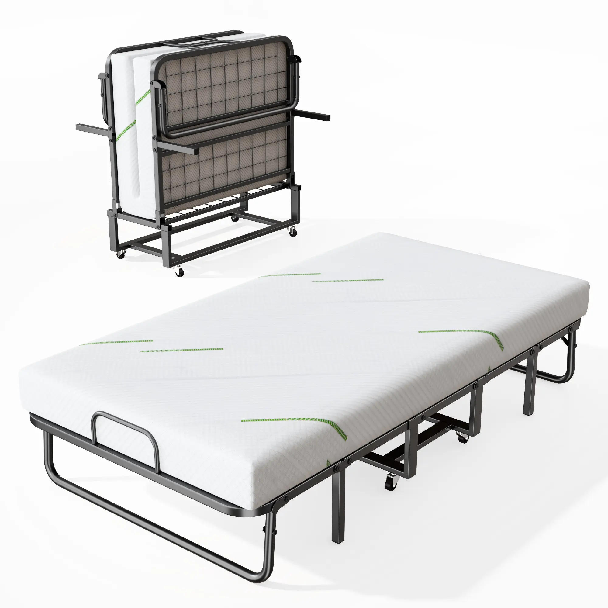 Folding Bed with Mattress for Adults, Fold up Bed with Memory Foam Mattress & Wheels, Cot Size Roll Away Adult Bed, Foldable Portable Easy Storage twister bed