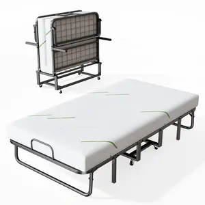 Folding Bed with Mattress for Adults, Fold up Bed with Memory Foam Mattress & Wheels, Cot Size Roll Away Adult Bed, Foldable Portable Easy Storage