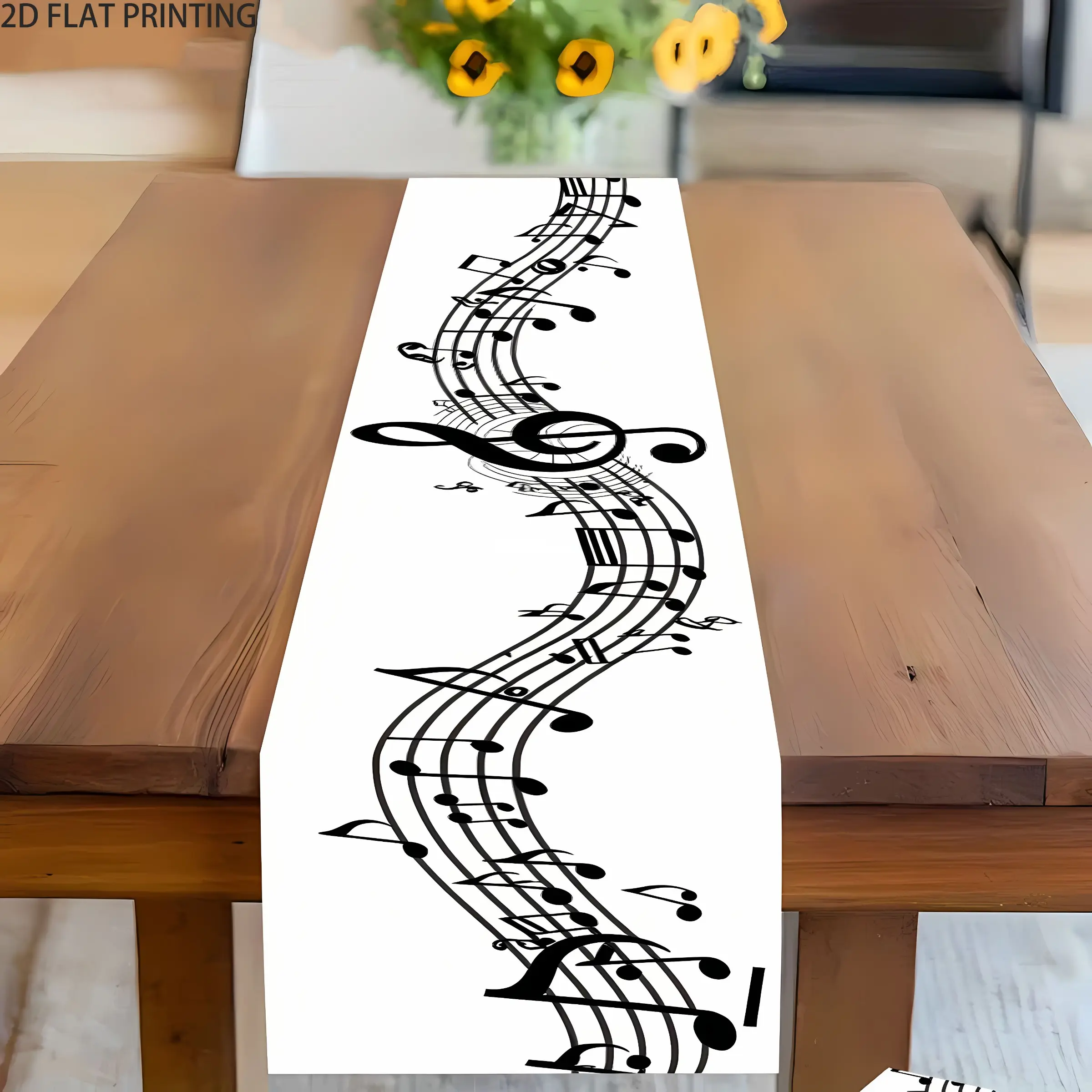 2D flat printing, 1-piece set of music melody art design table flag, rectangular, suitable for dining tables, kitchens, restaurants, family gatherings, indoor and outdoor daily festivals and parties, Single