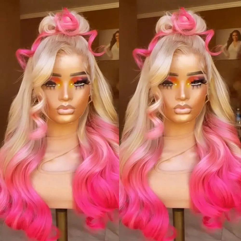28 Inch Long Body Wave Lace Front Wig, 13x4 Ombre Pink Synthetic Hair, Pre-Plucked Glueless, Heat Resistant, Y2K Style, 180% Density, for Women & Men, All Ethnicities Fluffy Wigs Lace Closure Wig
