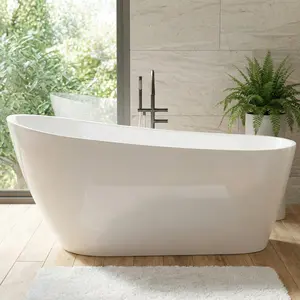 59 Inch Freestanding Bathtub, Deep Soaking Acrylic Tub, Modern Standalone Soaker with Polished Chrome Overflow and Pop-Up Drain, Glossy White Finish for Bathroom Remodel