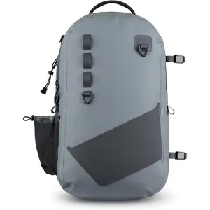 Waterproof Fishing Backpack with Rod Holder, Inflatable Air Valve, Padded Waist Straps & Gear Loops - Submersible Zipper, Rugged Top Handle, Adjustable Attachments (Gray)