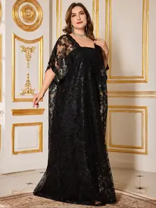 Random Cut Flower Design Big Size Halter Shawl Dress, Two-Wear Sequined Embroidered Evening Gown, Party Prom Dresses