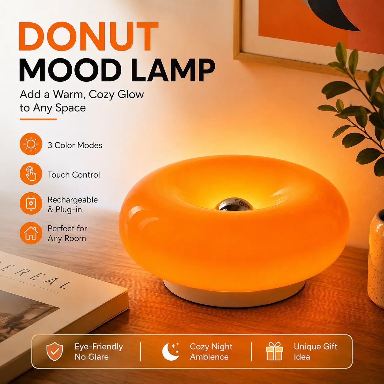 Donut Lamp,Rechargeable Bedside Lamp Or Wall Sconces,Creative Orange Donut Atmosphere Lamps with Plastic Shade,Retro-Modern Table Light,3-Color Dimmable Nightstand Lamp for Bedroom and Desk, Aesthetic Home Decor & Gifts