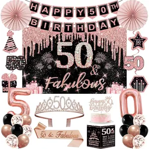 50th Birthday Decorations for Women,32pcs 50th Birthday Party Decorations,Including Backdrop, Crown, Sash, banner, Hanging Swirl,Cake Topper,balloons,Paper Fans,Anniversary Card and paper fans