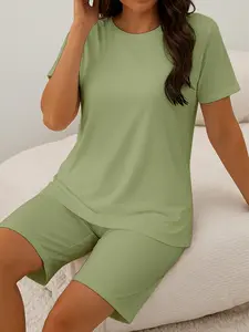 Oversized Plain Short Sleeve Shorts Set, Summer Sports Casual, Sporty Round Neck, Plus Size Comfortable Wear, All Seasons Fashion, Sportswear Set