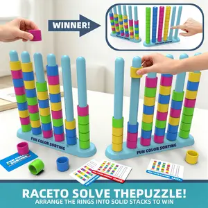 Color Stacking Challenge – Fast-Paced STEM Sorting & Stacking Puzzle for Age 6+, Family Board Game with 2 Racks + 50 Cards + 80 Rings, Brain Teaser for Kids