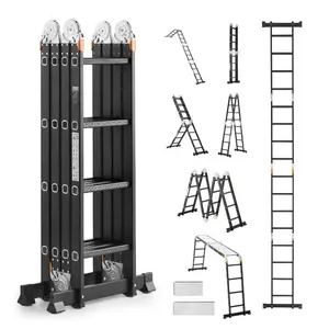 VEVOR Multi-Purpose Folding Ladder, 7-in-1 Tall Extension Step Ladder, A Frame 4 Step with Scaffolding Plank Telescoping Ladder, 15.5ft Reach Height Heavy Duty, 330 lbs Capacity for Home Outdoor