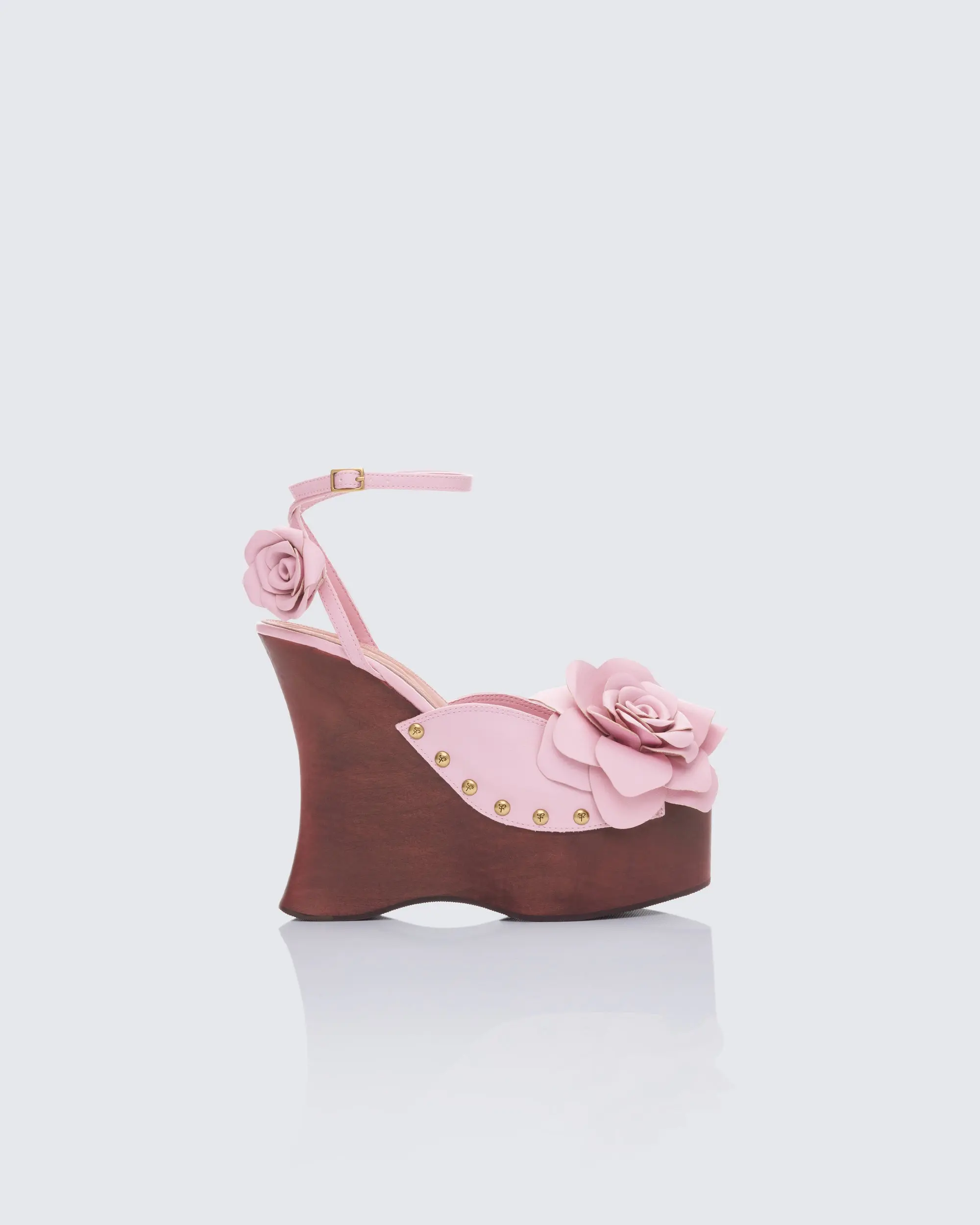 Women's Wooden Platform Wedge Sandals, Open Toe with Studded Pink Floral Corsage, Ankle Strap, Wooden Sole, Corsage Detail Elegant Fashion Footwear