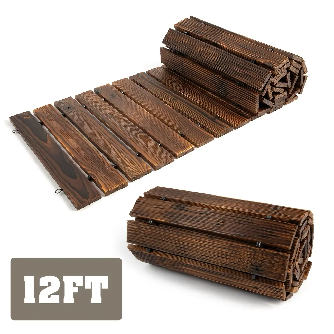 12FT Cedar Wood Garden Pathway Roll Out - 1-2pcs Non-Slip Lightweight Wood Planks Walkway with Ground Stakes, Steel-Rope Secure, Space-Saving Rustic Outdoor Decor for Wedding Aisle, Patio
