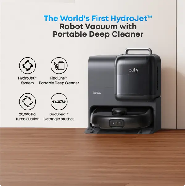 eufy E28 Omni Robot Vacuum and Mop Combo,HydroJet System,with Portable Deep Cleaner for Carpet,20,000Pa Turbo Suction,Zero-Tangling,Corner to Edge Deep Cleaning,with auto All-in-One Station