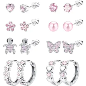 ZELORES Women's 8-Pair 20G 316L Stainless Steel Hypoallergenic Stud Earrings - Cute Heart, Zircon Butterfly, Turtle Spiral Cartilage Styles, Ideal for Daily Outings, Christmas Gifts, Female