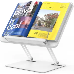 BS01 Book Stand for Reading, Adjustable Book Holder,  Laptop Stand with Elastic Page Clips for Music Scores, Recipe, Tablet, Laptop (White)