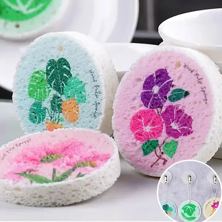 6 Pack Eco-Friendly Cellulose Cleaning Sponges – Wood-Based Soft Scrubber Pads with High Absorbency, Scratch-Free Thickened Design, Expandable Floral Foam Sponge for Kitchen, Bathroom & Household Cleaning