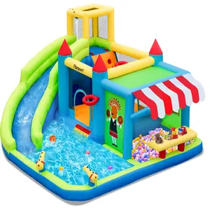 FBSPORT Inflatable Bounce House Water Slide for Kids with Toy Market Splash Pool Bouncer Castle Climbing Wall Ball Dart W/620W Blower Outdoor Indoor Kids Gift