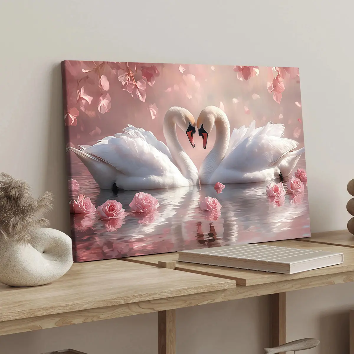 1 count wooden frame canvas, soft pink flowers in the sea of swans family poster, romantic design, bedroom poster, modern art decoration, Decorative Artwork, Wall Art Painting, corridor office mural, ideal gift, waterproof, printing