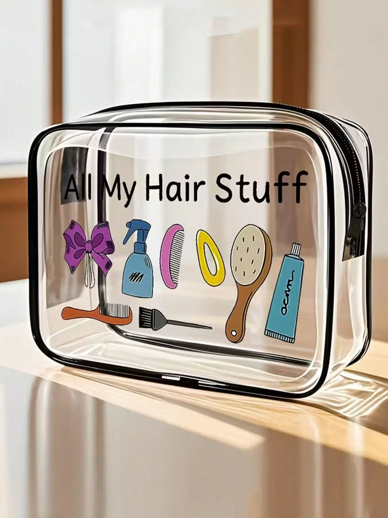 This hair-care themed PVC toiletry bag, Travel cosmetic bags, Makeup Pouch, Cosmetics Bag, features a zipper closure, lightweight, fade-resistant, suitable for women and girls, easy to wipe clean