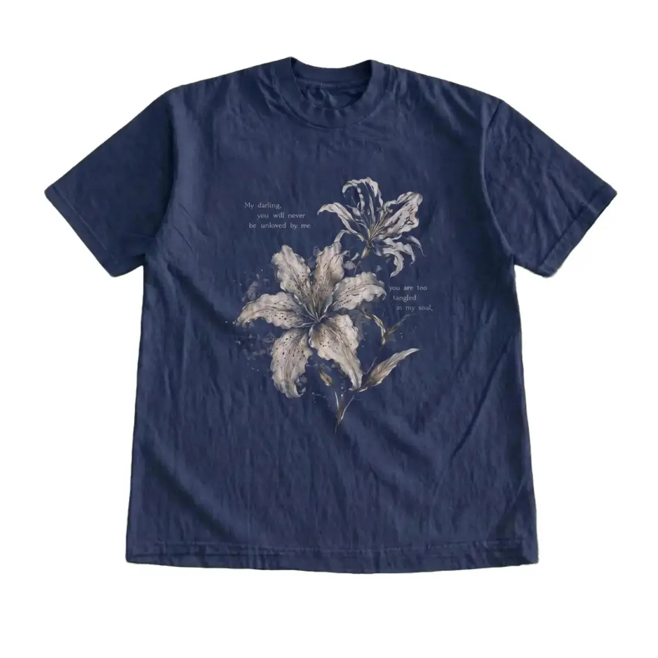 Retro White Lily Floral Romantic Poetry Graphic T-Shirt, Coquette Grunge Aesthetic Quote Tee, Unisex Navy Cotton Oversized Casual Shirt