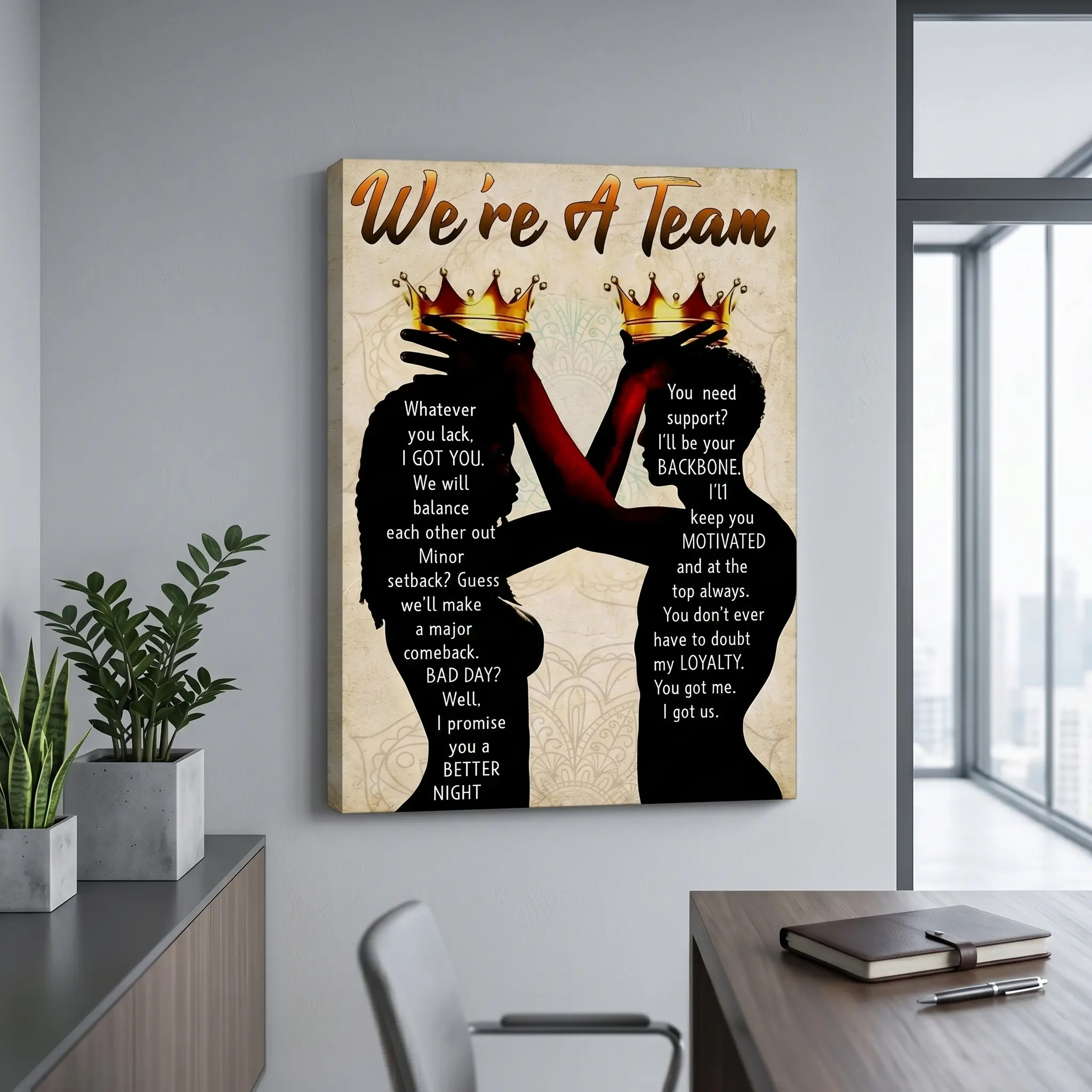 Inspirational African American Couple Canvas Wall Art Black Couple We Are A Team Motivational Quotes Painting Picture Wall Decor Poster Print Artwork for Living Room Bedroom Home Decoration