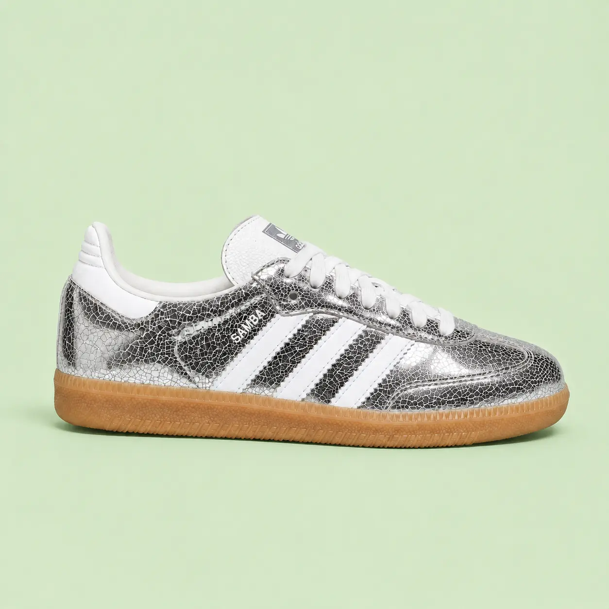 adidas Samba OG Silver Metallic Cracked Leather JR0035 Women's Fashion Sneaker New