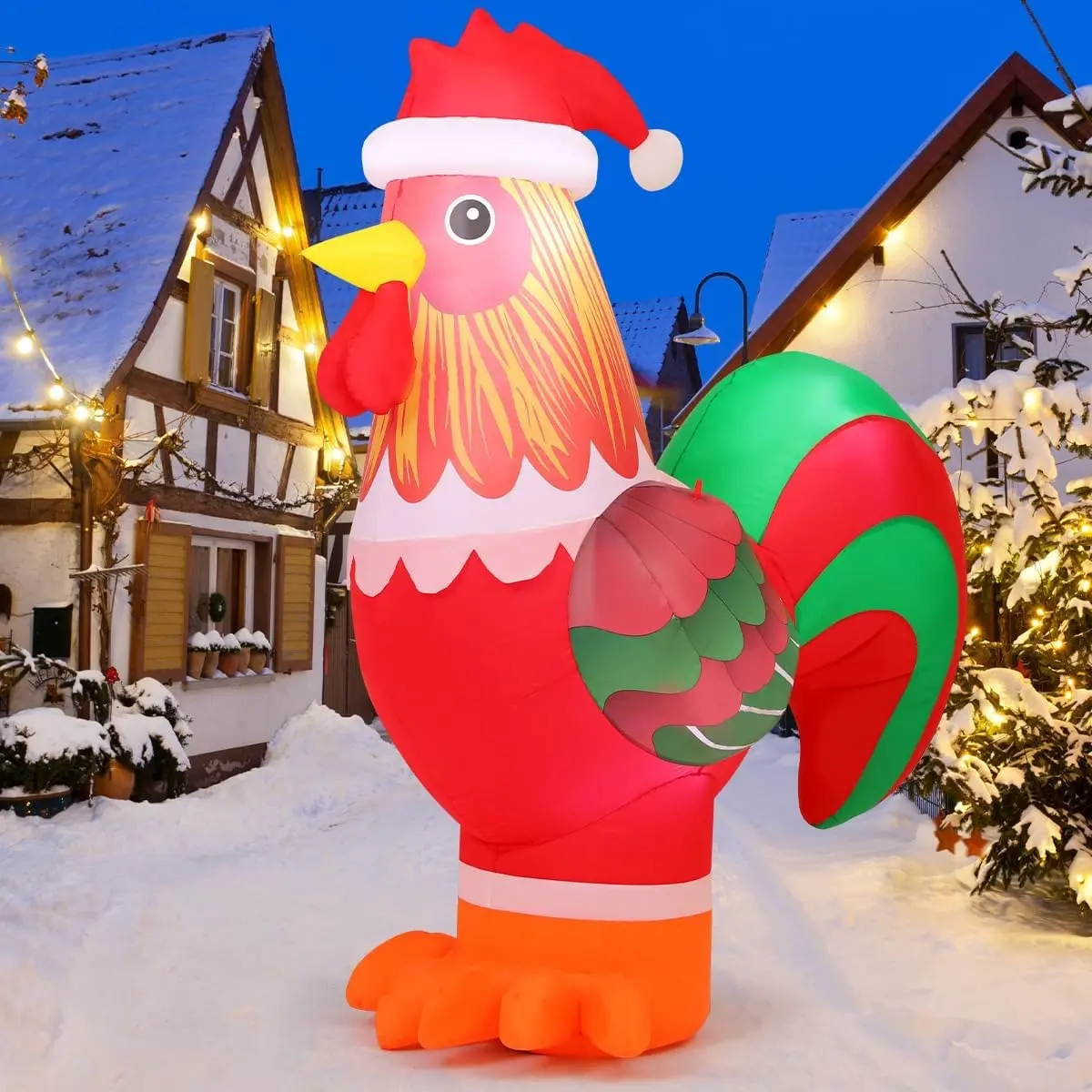 COMIN 5.9FT Christmas Inflatables Rooster Outdoor Decorations | Built-in LEDs and festive rooster design for Christmas lawn, garden, porch and party displays