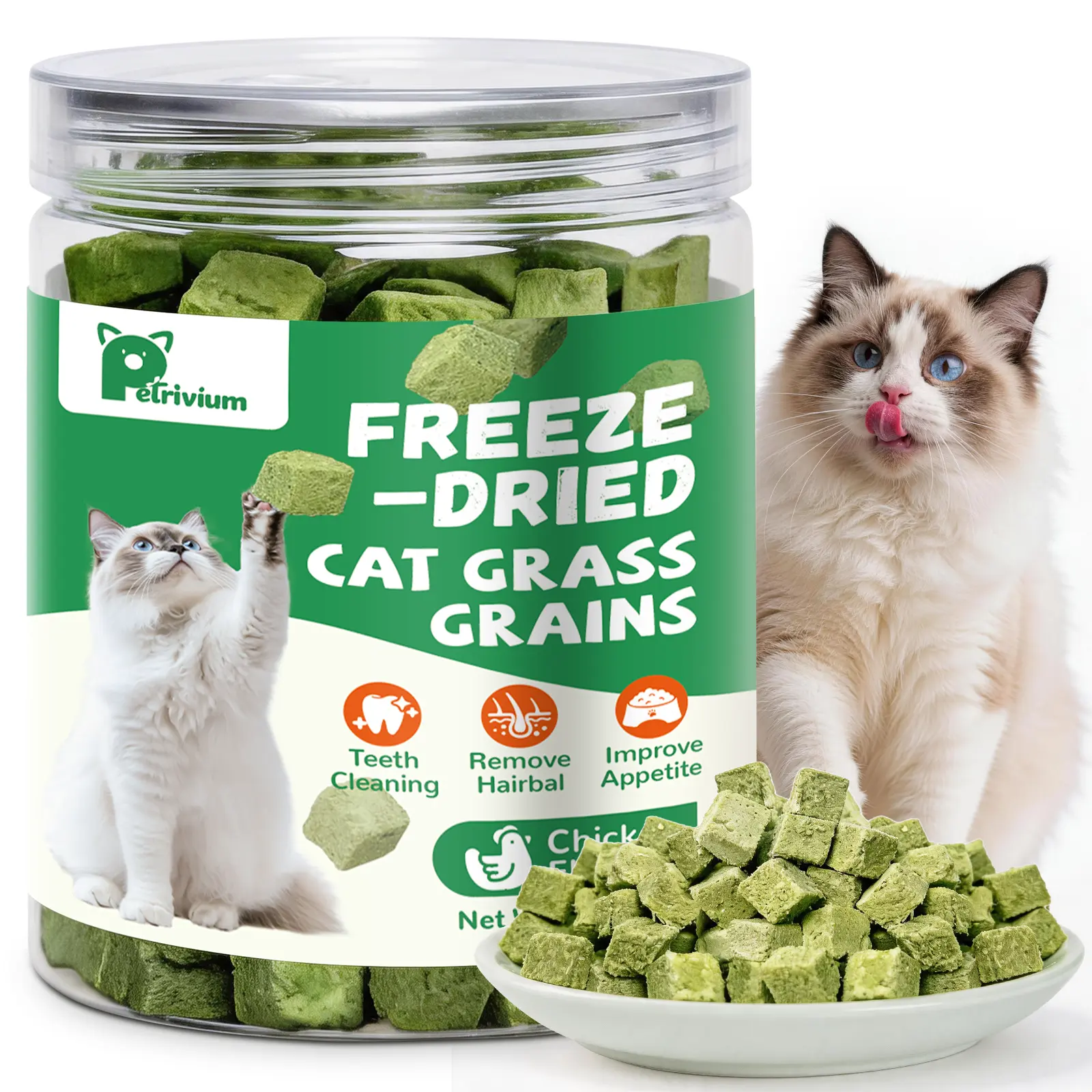 Petrivium Freeze-Dried Cat Grass Treats, 60g Chicken Flavor Chews for Indoor Cats - Teeth Cleaning, Hairball Control, Digestive Support with Probiotics & Prebiotics, Training Aids sohochic