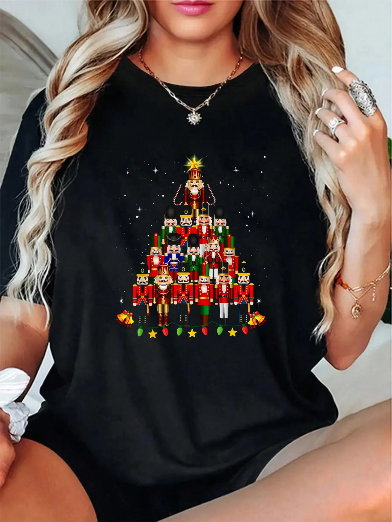 Women's 100% Cotton Breathable Relaxed Fit T-Shirt - Round Neck, Short-Sleeve, Soft Fabric, Black, Loudest Nutcracker Print, Happy Letter Snowflake Love-Themed Style, High-Def Print, Casual Holiday Use, All-Season Wear, XX-Large (Check Size Chart)