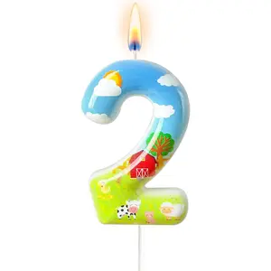 Farm Theme Number 2 Birthday Candle, Barnyard Cake Topper for Boys Girls, Farm Party Cake Decoration