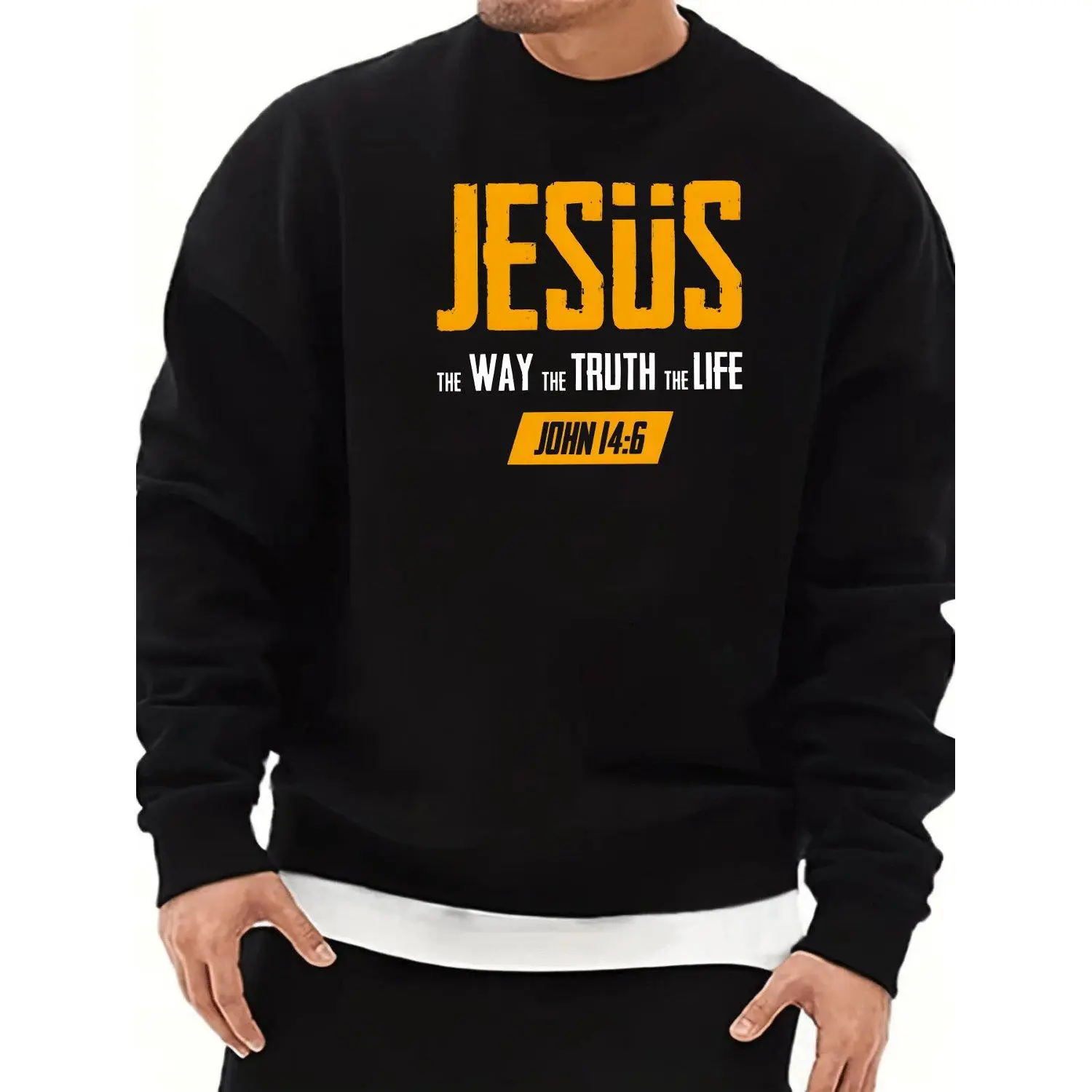 Funny Christian Graphic Beige Crew Neck Sweatshirt with Jesus and John 14 6 Bible Verse Casual Long Sleeve Pullover Sweater